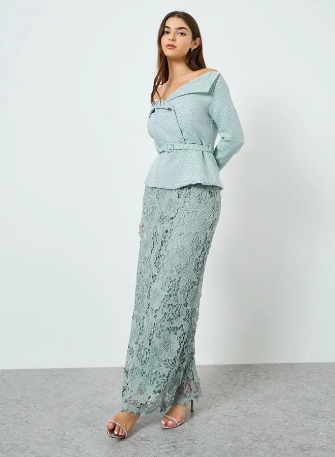 Styli Women Blue Lace Off-Shoulder Sheath Maxi Dress